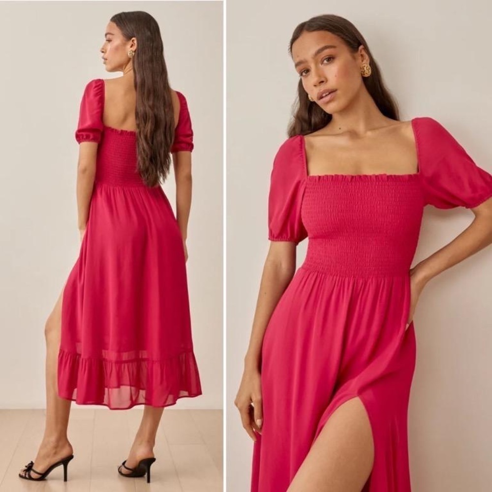 NEW Reformation Meadow Puff Sleeve Smocked Midi Dress Rhubarb Pink Red | size S